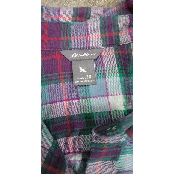 Eddie Bauer Button Down Flannel Women's S Petie Plaid Purple & Green 100% Cotton - Picture 8 of 15